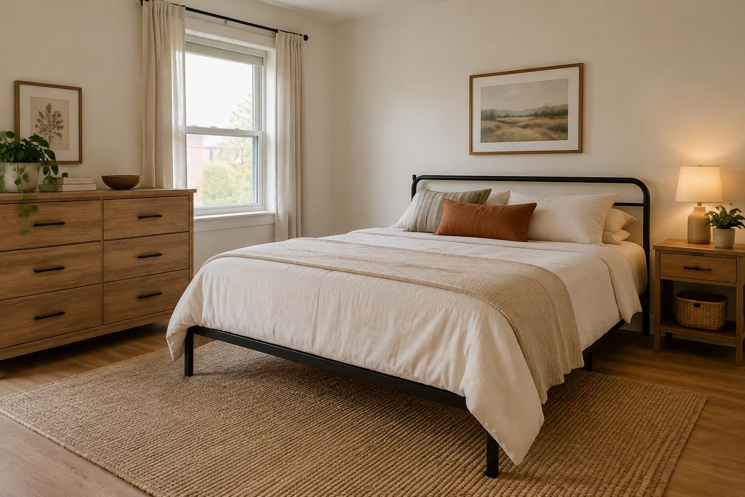 Affordable bedroom with a black metal queen bed and warm oak dresser