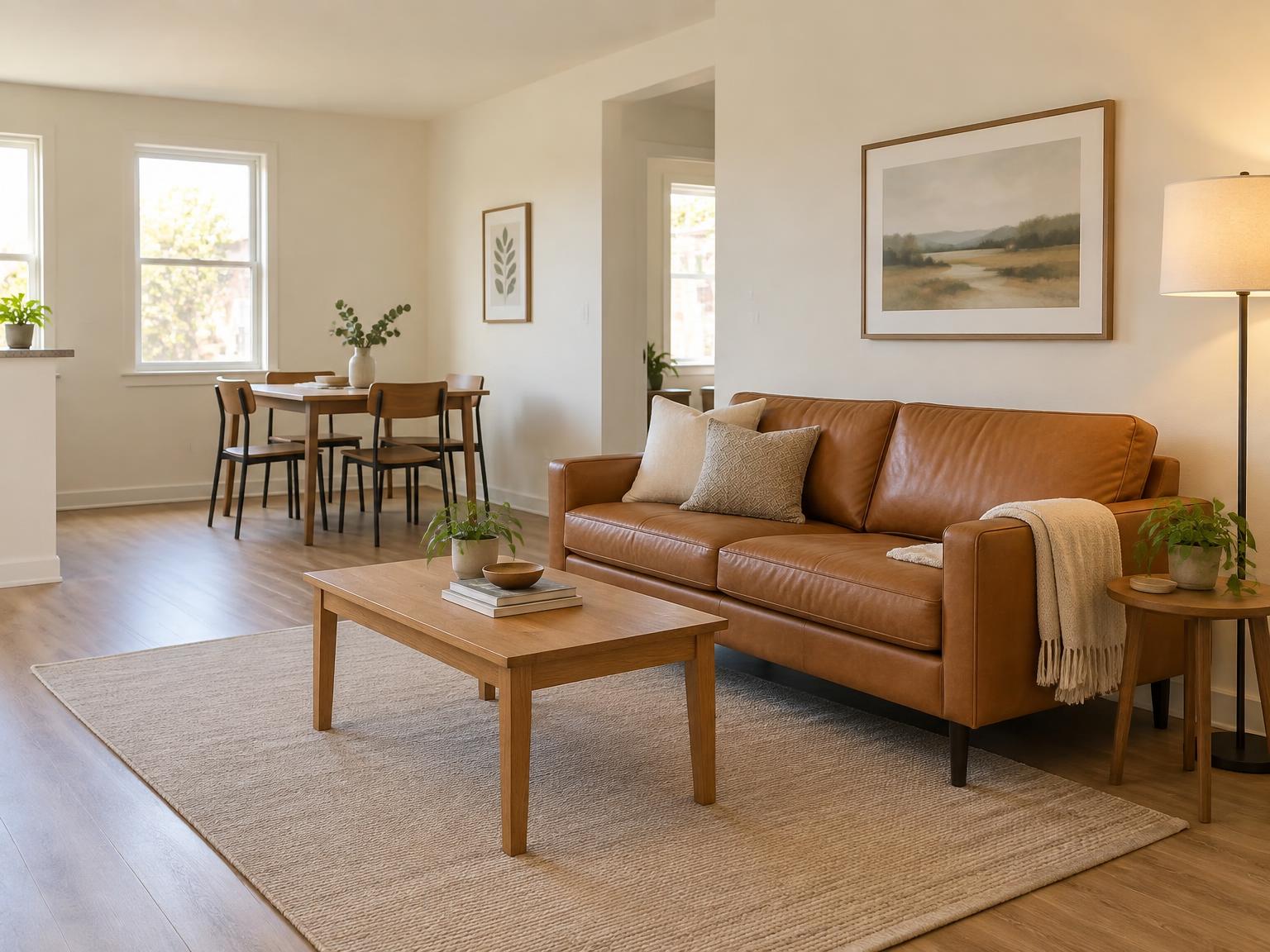 Affordable warm modern living room with a cognac sofa, oak tables, and a compact dining set